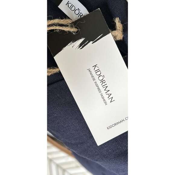 Kidoriman Tunic Linen & Cotton Navy Long Sleeve V-Neck Shirt With Buttoned Cuffs - Picture 6 of 7